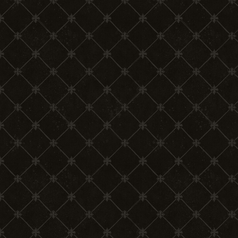 Black fabric with a tonal, dark gray floral lattice design