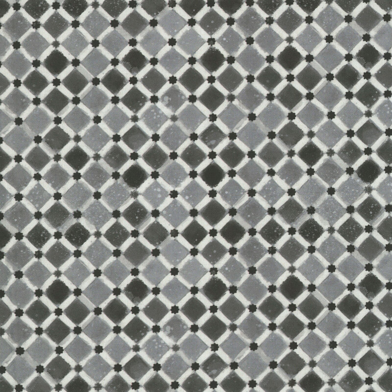 Dark grayscale watercolor tile pattern with a light gray lattice and tiny charcoal black stars
