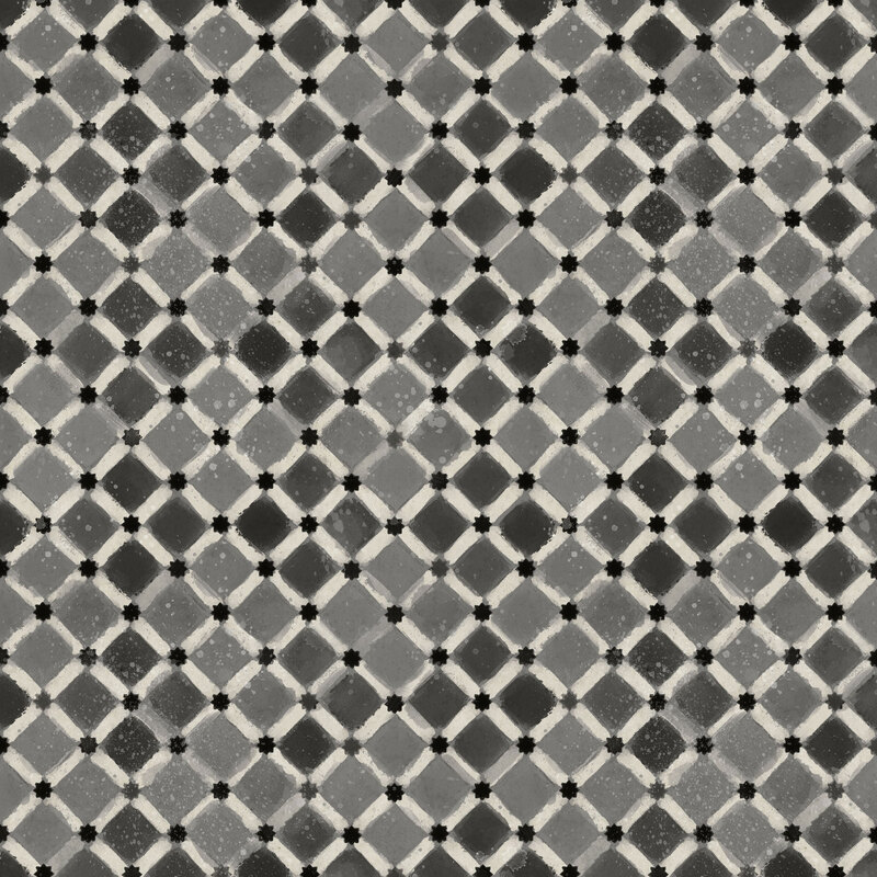 Dark grayscale watercolor tile pattern with a light gray lattice and tiny charcoal black stars