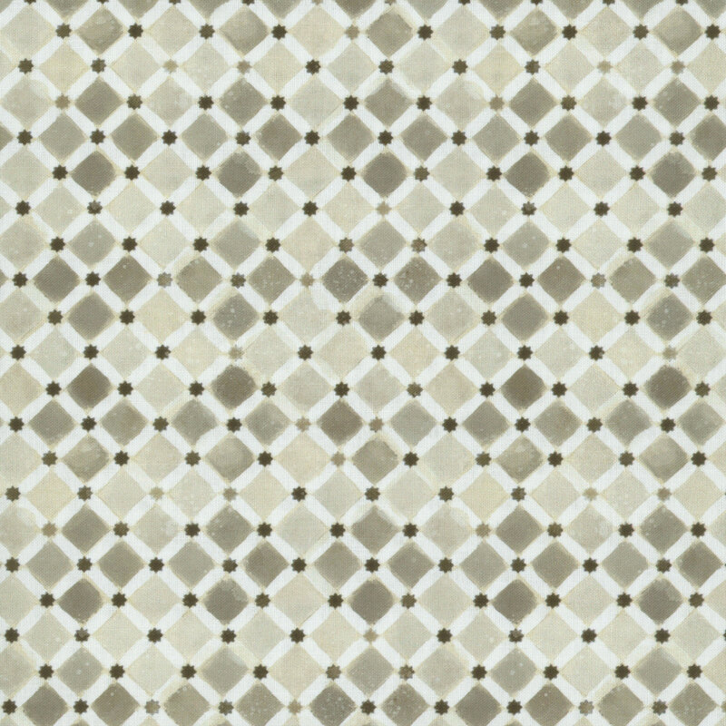 Grayscale watercolor tile pattern with a white lattice and tiny charcoal black stars