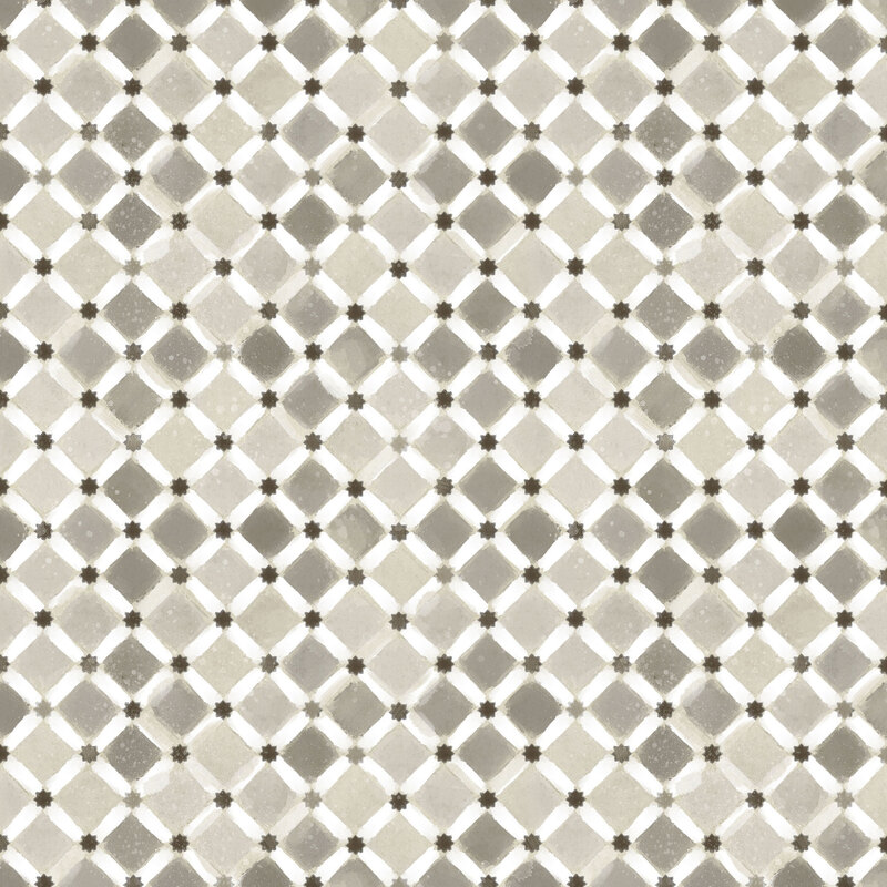 Grayscale watercolor tile pattern with a white lattice and tiny charcoal black stars