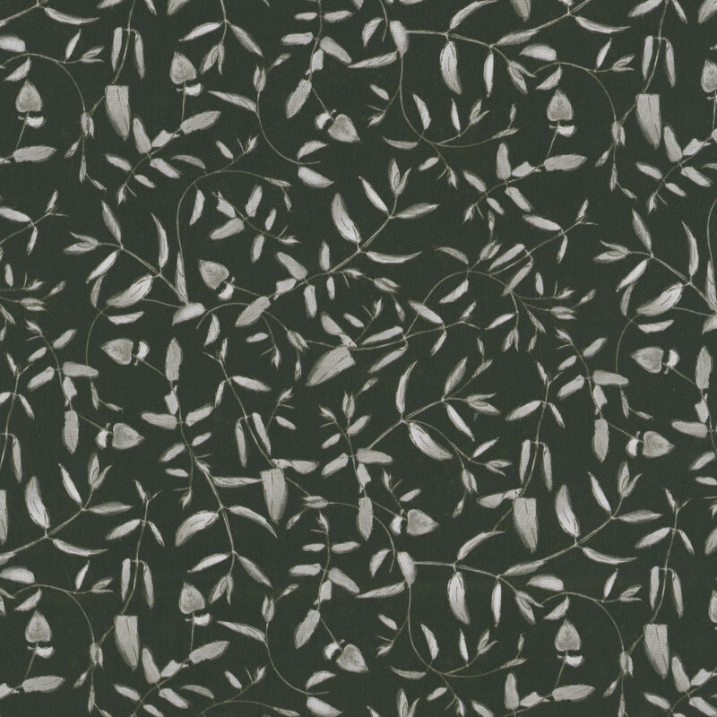 Black fabric with a gray and white pattern of illustrated leaves and vines 