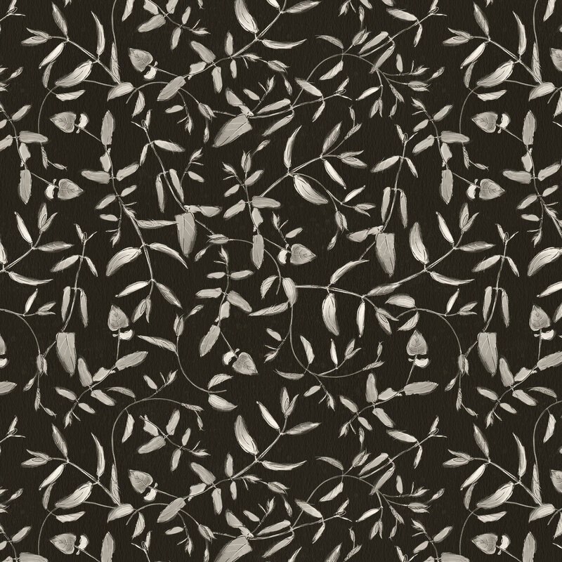 Black fabric with a gray and white pattern of illustrated leaves and vines 