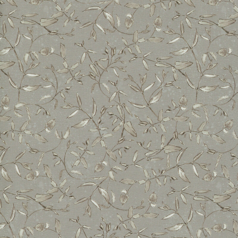 Stone gray textured fabric with a tonal pattern of illustrated leaves and vines 