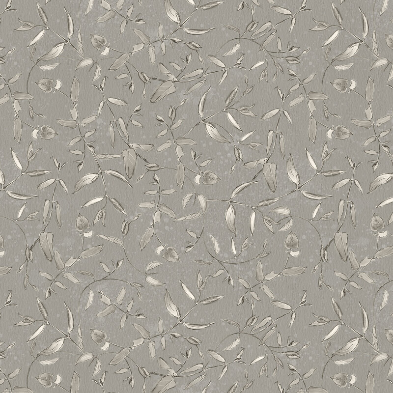 Stone gray textured fabric with a tonal pattern of illustrated leaves and vines 