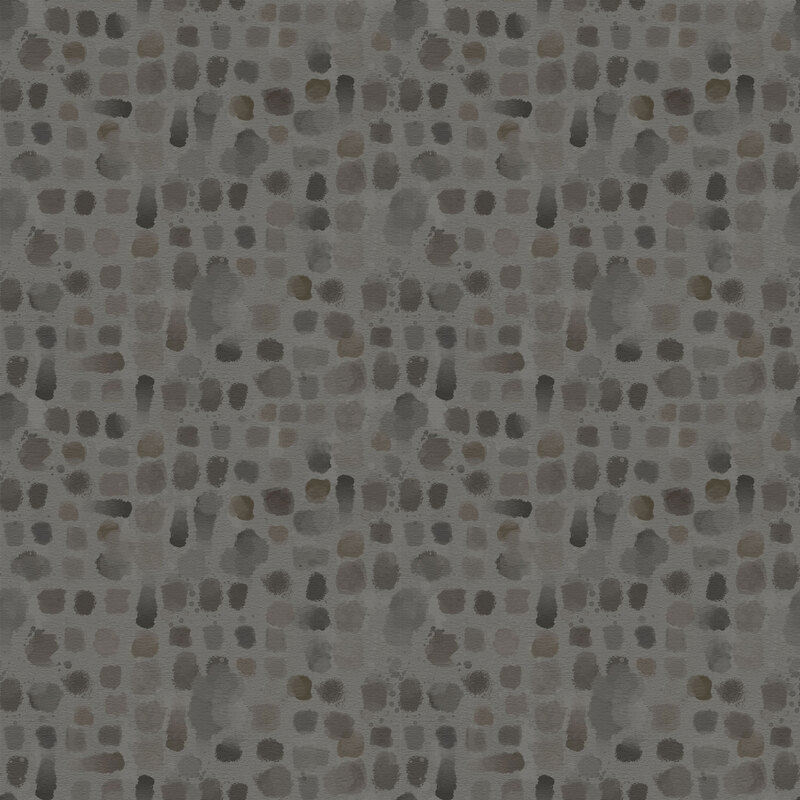 Graphite gray fabric with a textural pattern of grayscale watercolor swatches 