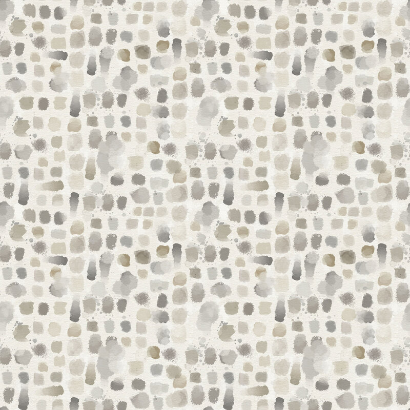 Light taupe fabric with a textural pattern of grayscale watercolor swatches 