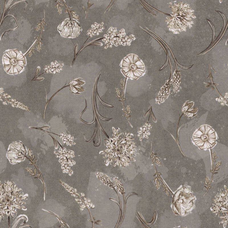 Botanical Sketchbook W115-018-707 Tossed Floral Gray by Chad Barrett for White Owl Textiles