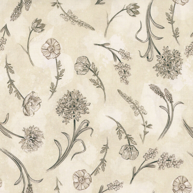 Botanical Sketchbook W115-018-070 Tossed Floral Cream by Chad Barrett for White Owl Textiles