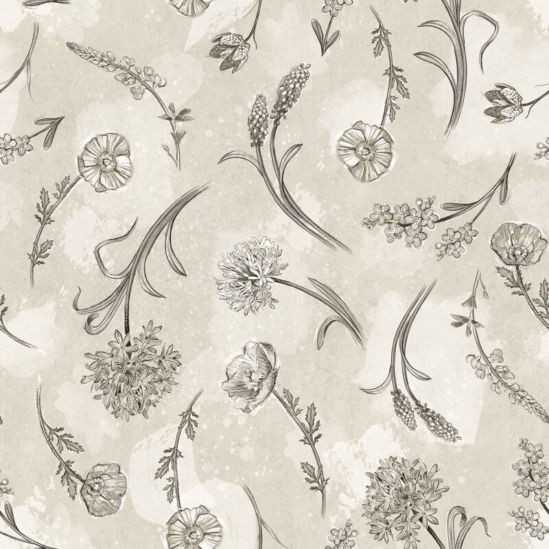 Mottled, textured taupe fabric with a tossed pattern of graphite gray floral illustrations