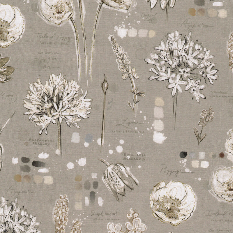 Botanical Sketchbook W115-017-707 Floral Journal Taupe by Chad Barrett for White Owl Textiles