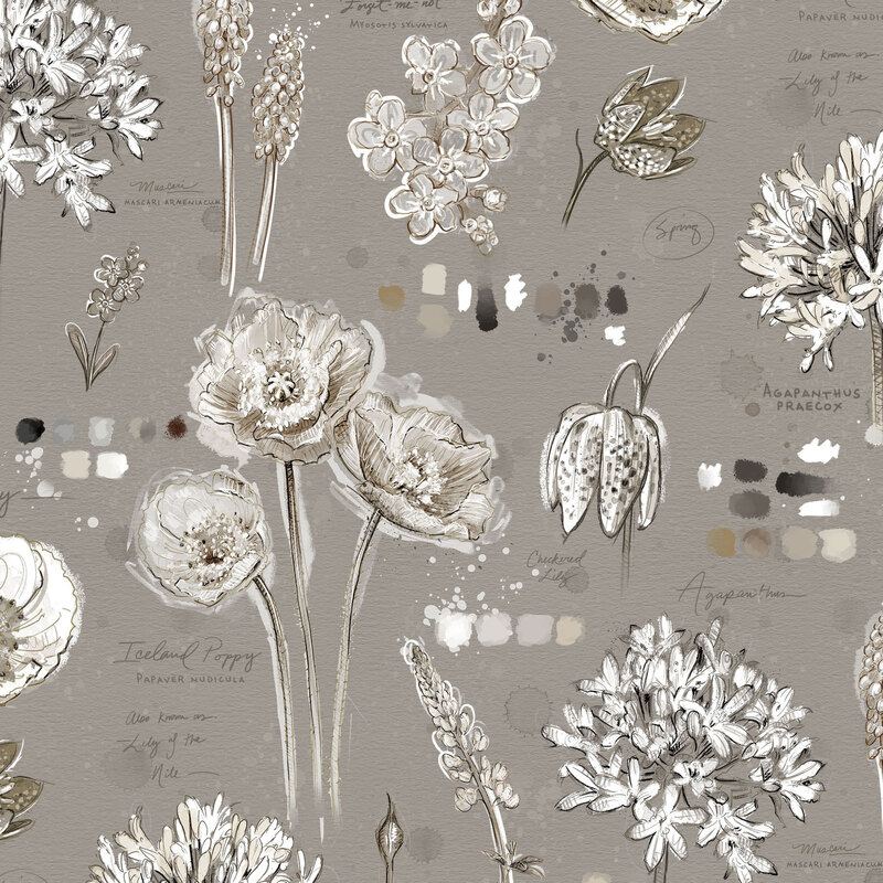 Botanical illustrations of flowers with small paint swatches on a paper-textured gray fabric background