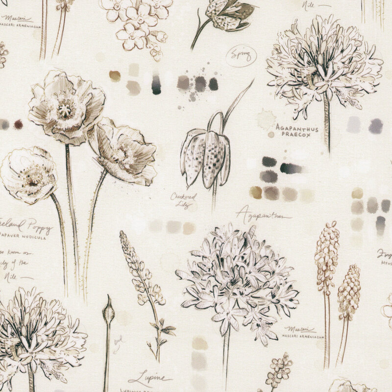 Botanical Sketchbook W115-017-007 Floral Journal Cream by Chad Barrett for White Owl Textiles