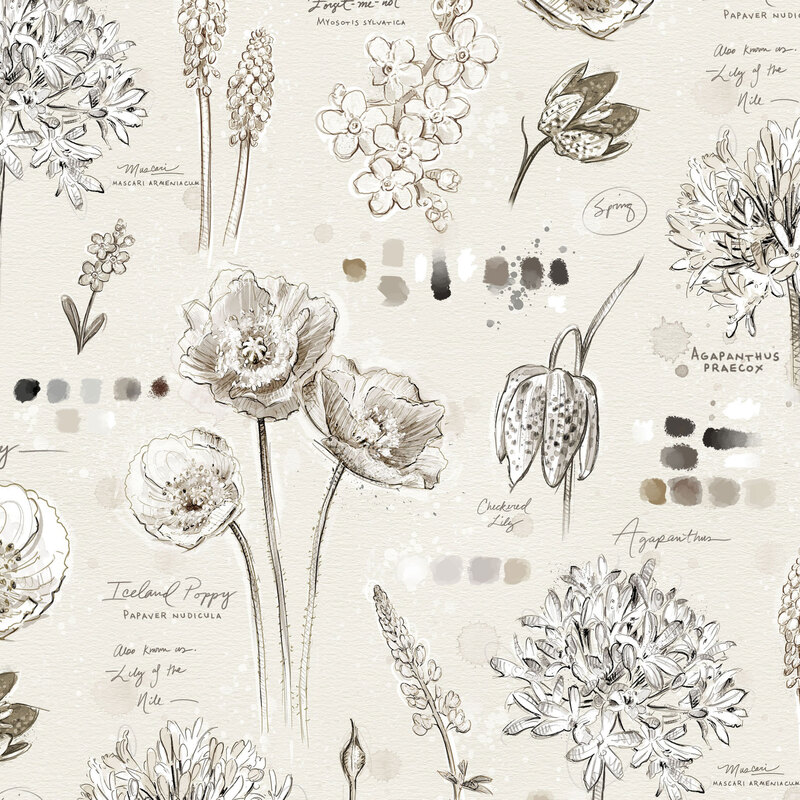 Botanical illustrations of flowers with small paint swatches on a paper-textured cream fabric background