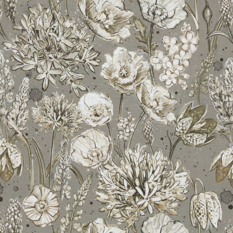 Paper textured stone gray fabric with a dense pattern of neutral-toned, illustrated, watercolor poppies, African lilies, and snapdragons