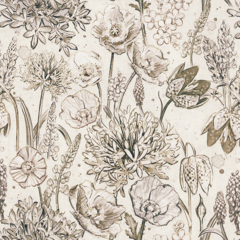 Botanical Sketchbook W115-016-070 Packed Floral Cream by Chad Barrett for White Owl Textiles