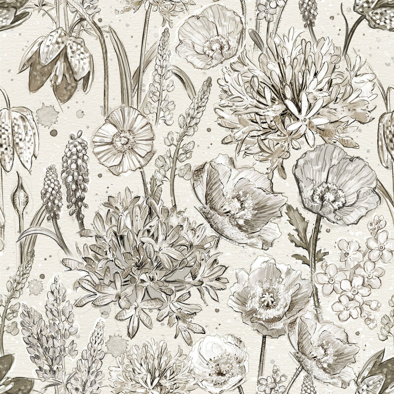 Paper textured cream fabric with a dense pattern of neutral-toned, illustrated, watercolor poppies, African lilies, and snapdragons