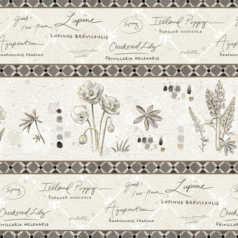 Paper textured gray border stripe fabric with gray tiled lines between alternating rows of illustrated florals and handwritten flower names