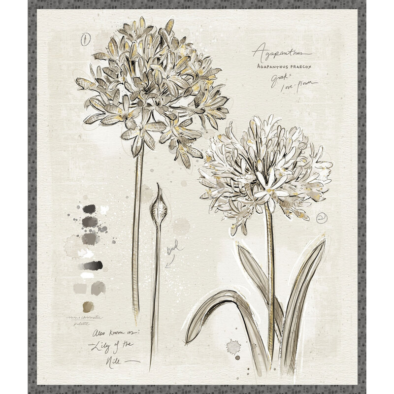 A paper-textured taupe fabric panel with two large illustrated flowers in shades of gray and charcoal, surrounded by a graphite colored border