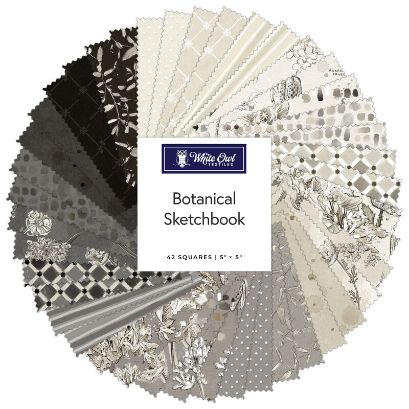 Circular collage of fabrics in the collection in neutral taupe, gray, and charcoal, featuring illustrated floral designs and tonal prints.