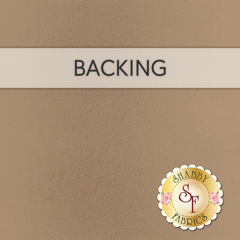 A swatch of solid brown Cuddle fabric with a transparent banner over the top reading, "Backing" and a golden shabby fabrics logo rests in the bottom right corner.