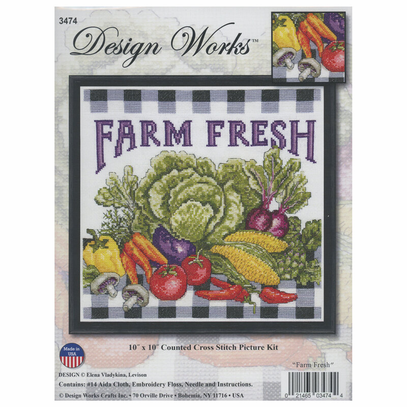 The front of the Farm Fresh cross stitch picture kit, a mockup of the completed project can be seen.