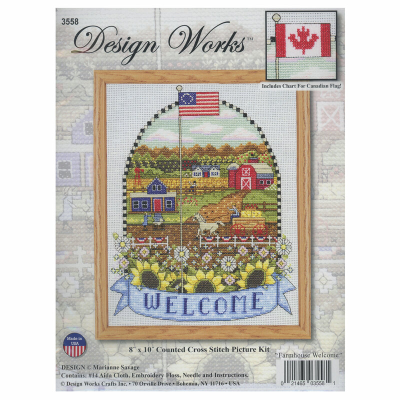 The front of the Farmhouse Welcome cross stitch picture kit, a mockup of the completed project can be seen.