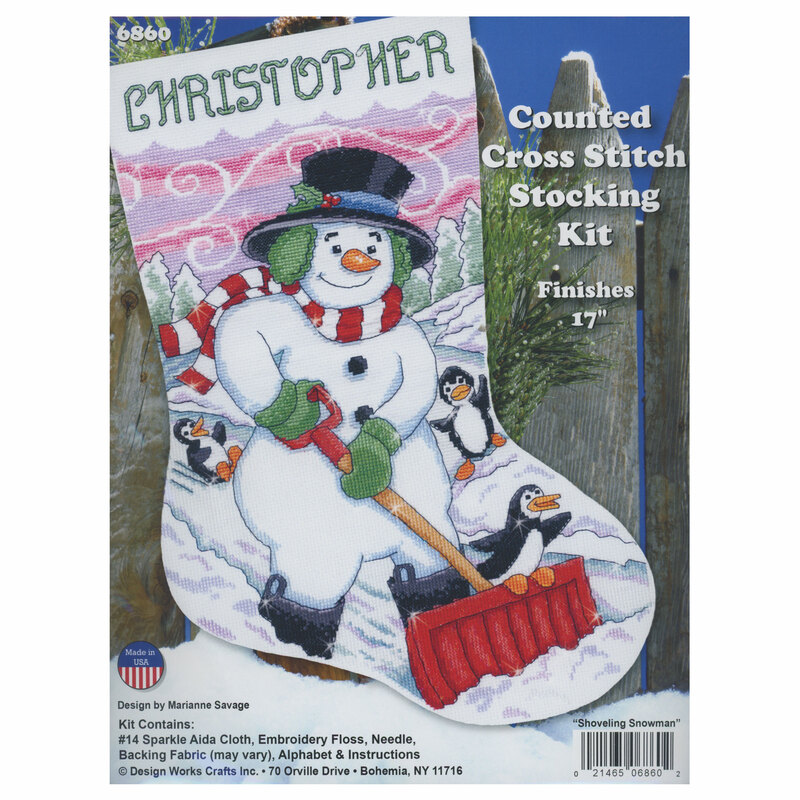 The front of the Shoveling Snowman cross stitch stocking kit, a mockup of the completed project can be seen.