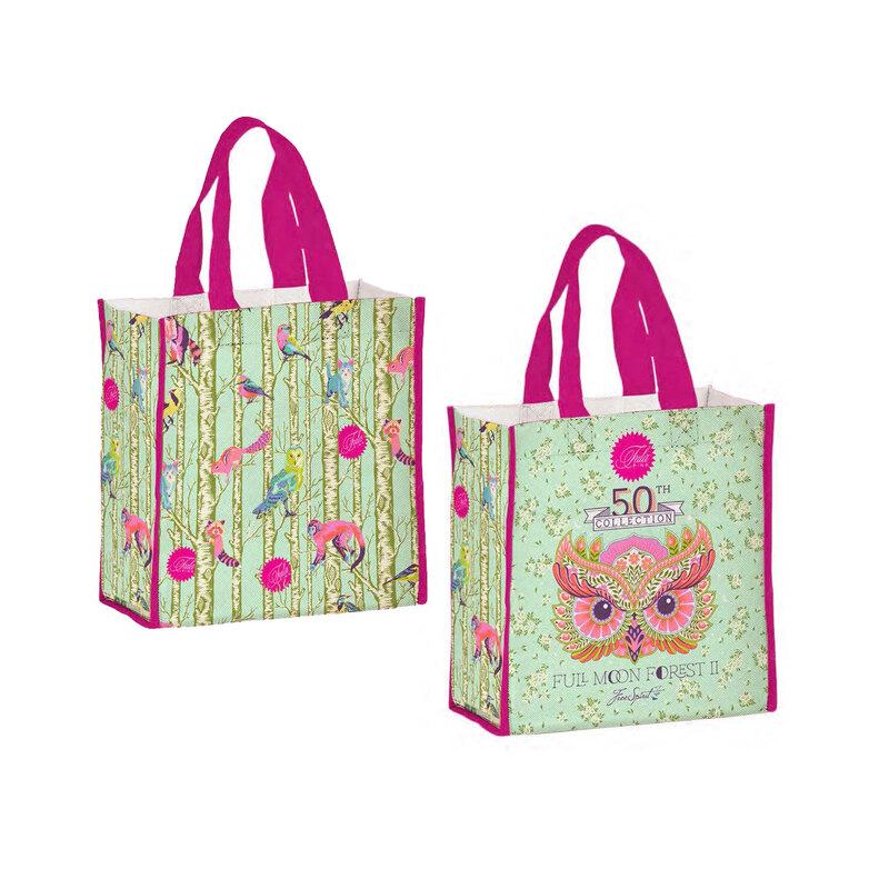 The mint green and hot pink Full Moon Forest II Tote Bag by Tula Pink, isolated on a white background.