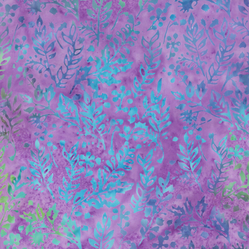 A mottled lavender batik fabric with ocean blue, dark teal, and lime green leaves and berries. 