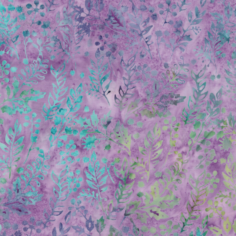 A mottled lavender batik fabric with ocean blue, dark teal, and lime green leaves and berries. 
