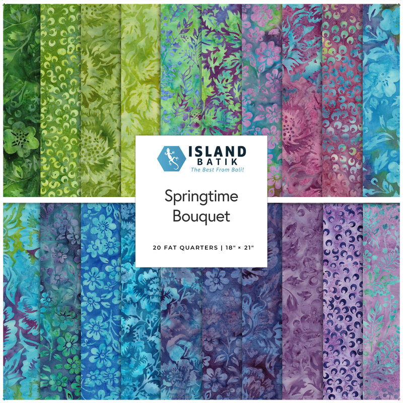 A fabric collage featuring green, blue, and purple batik fabrics from the Springtime Bouquet Collection from Island Batiks. 