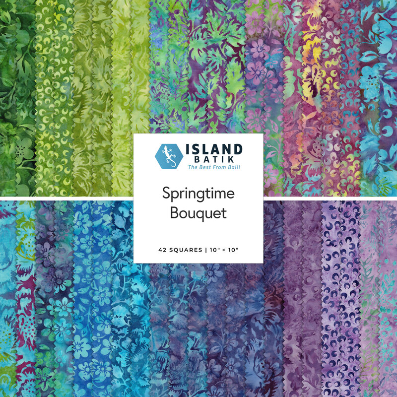 A fabric collage featuring green, blue, and purple batik fabrics from the Springtime Bouquet Collection from Island Batiks. 