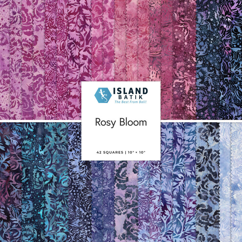 A batik fabric collage with pink, purple, and periwinkle fabrics from the Rosy Bloom collection by Island Batiks.