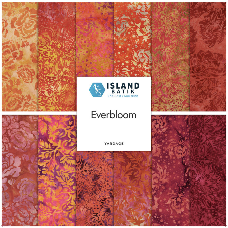 A fabric collage featuring orange and red batiks from the Everbloom collection by Island Batiks. 
