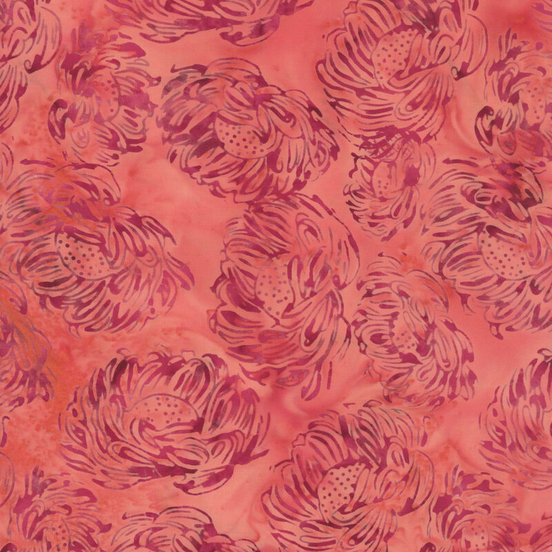 A tonal fuchsia pink batik with dahlias. 