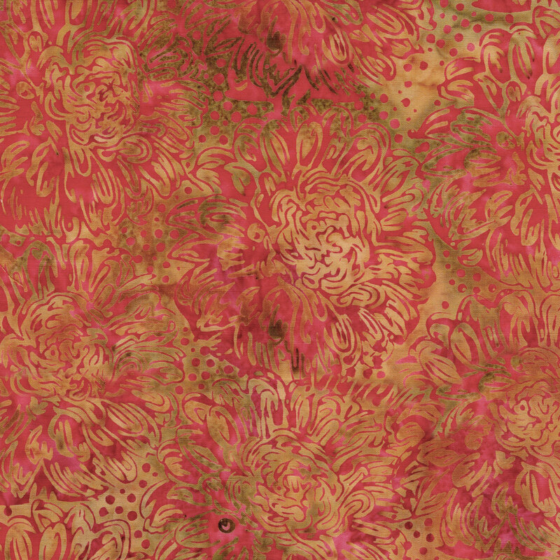A warm brown batik fabric with spice red dahlias. 