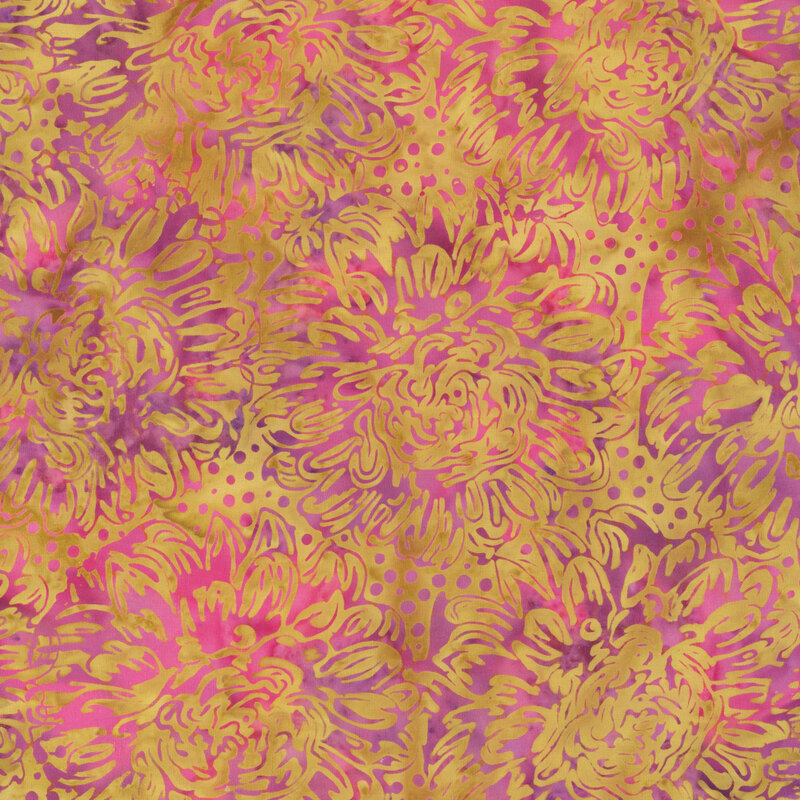 A wheat brown batik fabric with orchid purple dahlias. 