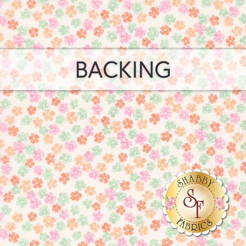 A swatch of white fabric with tossed small pink, coral, green, and orange flowers, a banner at the top reads "Backing" and a golden Shabby Fabrics logo rests in the corner. 