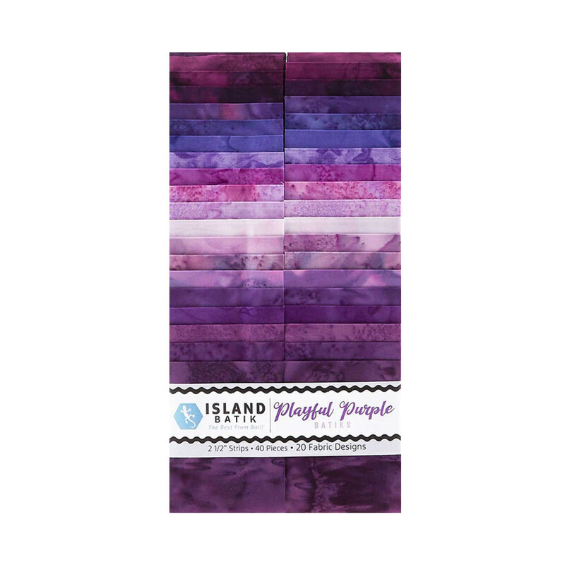 A vertical display of patterned fabric strips in purple hues labeled Playful Purple Batiks.