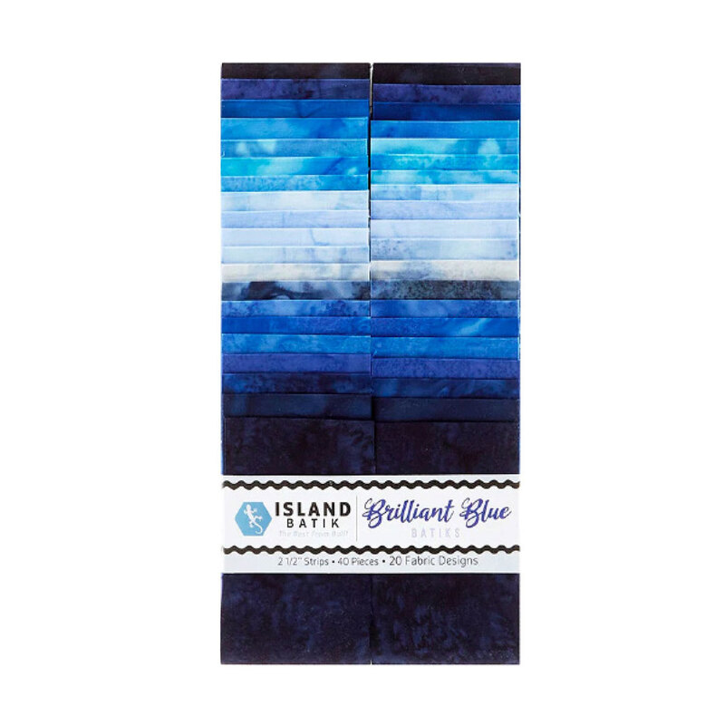 A vertical display of patterned fabric strips in blue hues labeled Brilliant Blue Batiks.