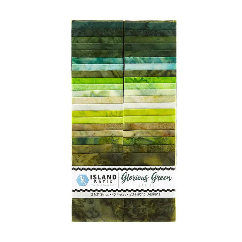 A vertical display of patterned fabric strips in green hues labeled Gloriously Green Batiks.