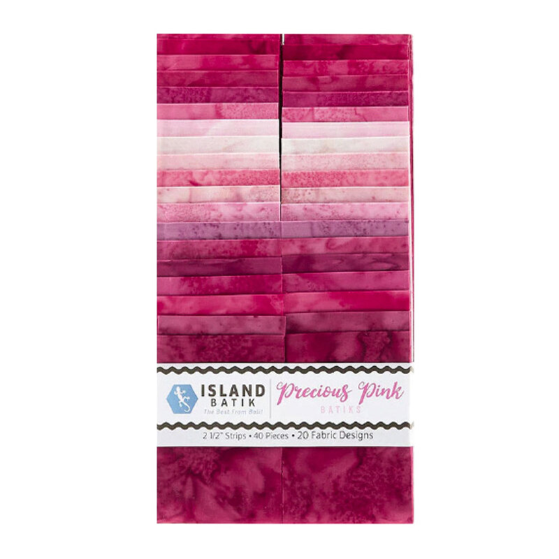 A vertical display of patterned fabric strips in pink hues labeled Precious Pink Batiks.