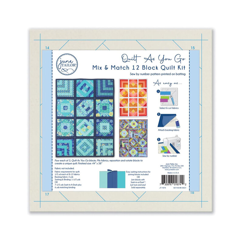 Front of Quilt As You Go Sewing Mix & Match 12 Block Quilt Kit batting with what is included and requirements.