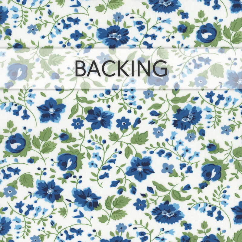 A swatch of white fabric with small blue flowers and green stems. A banner reads "Backing".