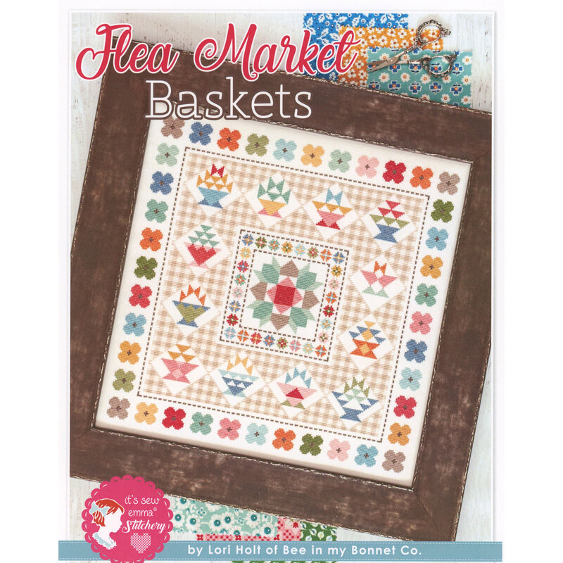 Cover image of Flea Market Baskets featuring colorful quilt patterns on a checkered background.
