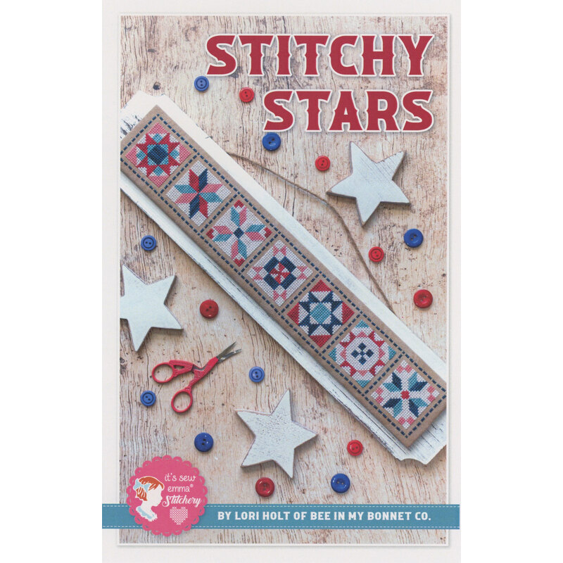 Colorful quilt pattern titled Stitchy Stars featuring star motifs, scissors, and buttons on wood background.