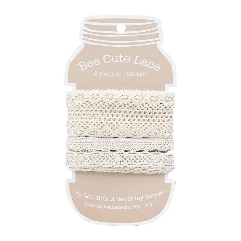 A card of three sizes of Vintage Lace Trim on a white background