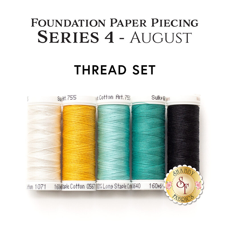 Five spools of white, yellow, teal blue, and black thread, isolated on a white background. 