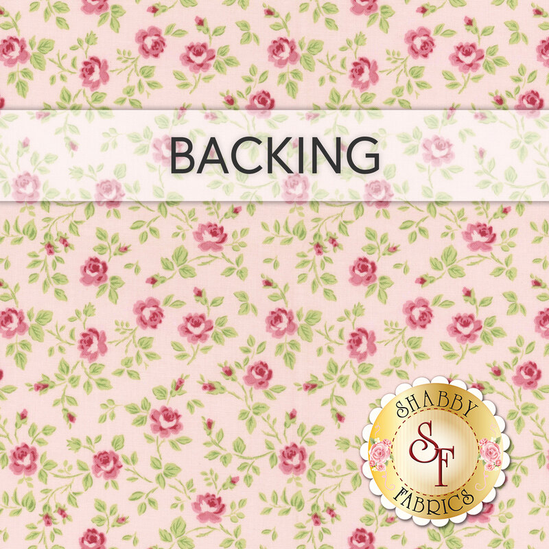 Swatch of blush pink blue fabric with tossed green leaves and pink rosebuds. A transparent banner at the top reads "Backing."